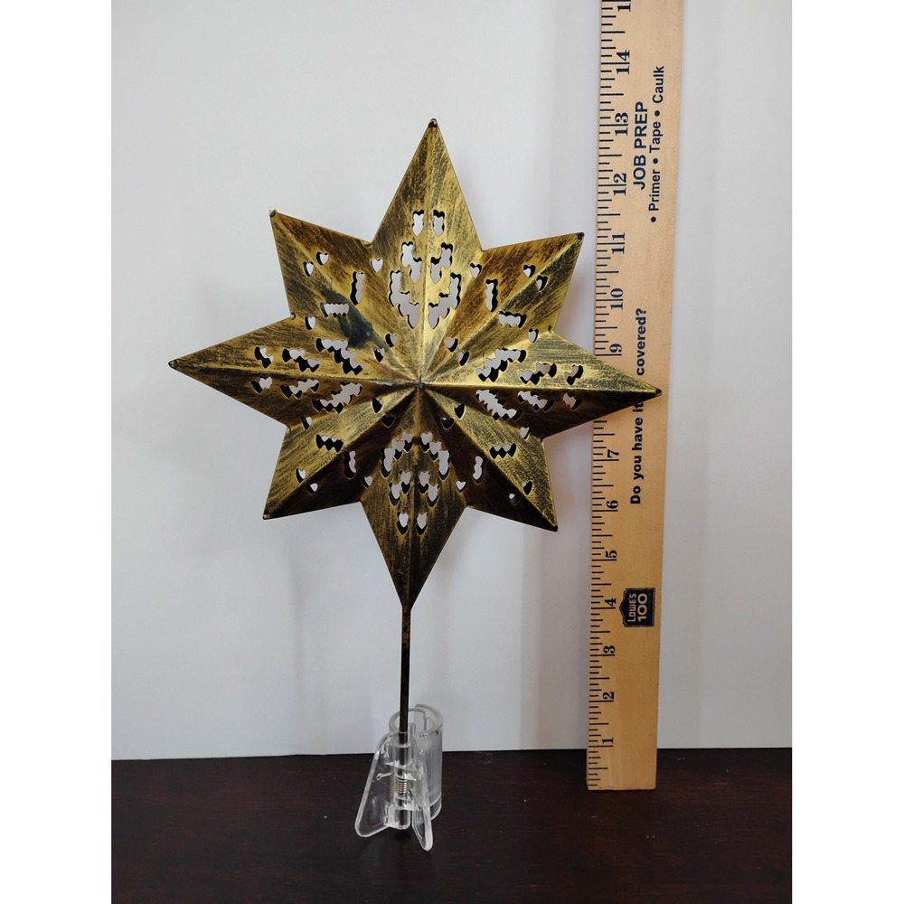Antique Gold Metal Star Christmas Tree Topper Cut Out Heart Design 12.5 Inch